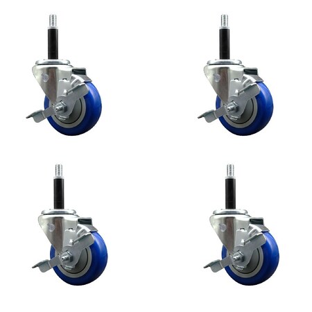 Service Caster 3.5'' Blue Poly Swivel 3/4'' Expanding Stem Caster Set with Brake, 4PK SCC-EX20S3514-PPUB-BLUE-TLB-34-4